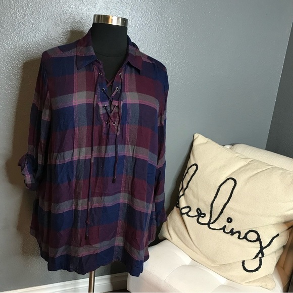 Lane Bryant Tops - Lane Bryant blue and purple plaid blouse size 26/28W.